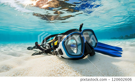 Underwater shot of snorkeling gear resting on sandy coral reef, illuminated by shimmering sunlight, creating serene and vibrant atmosphere Underwater shot of snorkeling gear resting on sandy coral reef, illuminated by shimmering sunlight, creating serene and vibrant atmosphere 120602606