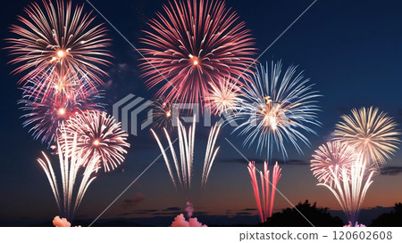 Vibrant fireworks illuminate night sky, creating dynamic and celebratory atmosphere perfect for impactful advertising and festive occasions Vibrant fireworks illuminate night sky, creating dynamic and celebratory atmosphere perfect for impactful advertising and festive occasions 120602608