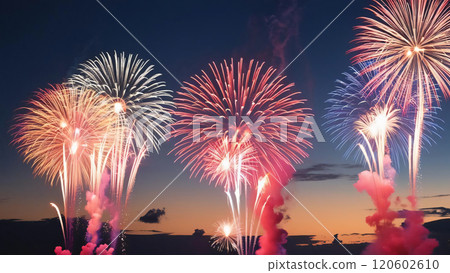 Vibrant fireworks display, dynamic and celebratory composition for impactful advertising, showcasing colorful bursts against twilight sky 120602610