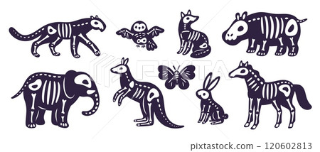 Cartoon animal skeletons. Halloween mystic fauna. Dia de los muertos mammals. Black silhouettes with bones inside. Dead kangaroo. Elephant floral skull. Owl skeletons. Garish vector set Cartoon animal skeletons. Halloween mystic fauna. Dia de los muertos mammals. Black silhouettes with bones inside. Dead kangaroo. Elephant floral skull. Owl skeletons. Garish vector set 120602813