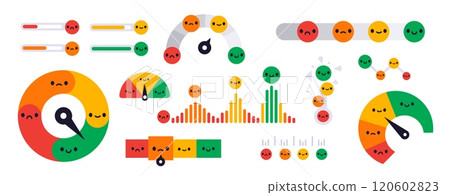 Customer satisfaction meter. Measurement scales. Positive or negative reviews and emotions. Color charts with smiley faces. Clients rate feedback. Smiles diagram. Garish vector set Customer satisfaction meter. Measurement scales. Positive or negative reviews and emotions. Color charts with smiley faces. Clients rate feedback. Smiles diagram. Garish vector set 120602823