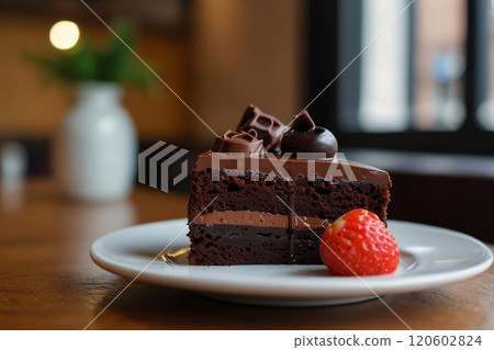 Chocolate cake with fresh raspberry on white plate at the cafe Chocolate cake with fresh raspberry on white plate at the cafe 120602824