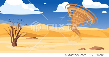 Desert tornado. Destructive whirlwind raises sand clouds. Natural disaster in arid climate. Dangerous weather phenomenon. Sandstorm funnel vortex. Twisted wind. Vector wilderness landscape Desert tornado. Destructive whirlwind raises sand clouds. Natural disaster in arid climate. Dangerous weather phenomenon. Sandstorm funnel vortex. Twisted wind. Vector wilderness landscape 120602859