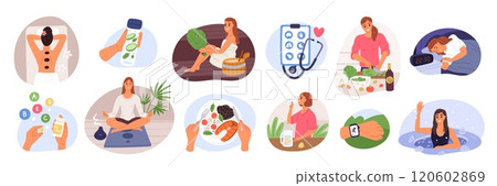 Healthy lifestyle scenes. People take care of body. Physical activity. Timely rest. Hydration drink. Hardening and fresh diet food. Vitamin support. Yoga meditation. Garish vector set Healthy lifestyle scenes. People take care of body. Physical activity. Timely rest. Hydration drink. Hardening and fresh diet food. Vitamin support. Yoga meditation. Garish vector set 120602869