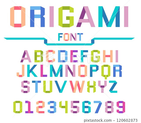 Multicolor paper alphabet. Folded stripes and ribbons. Origami font design. Capital letters and numbers. Latin ABC. Cardboard uppercase craft shapes. Vector alphabetical text icons set Multicolor paper alphabet. Folded stripes and ribbons. Origami font design. Capital letters and numbers. Latin ABC. Cardboard uppercase craft shapes. Vector alphabetical text icons set 120602873