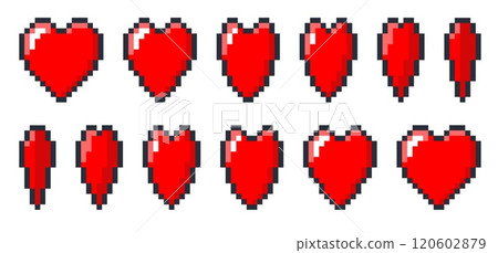 Pixel red heart rotation animation. Frames sequence with 8 bit game sign moving. Retro computer graphics. UI arcade asset. Romance icons. Valentines day rotating symbols vector set 120602879