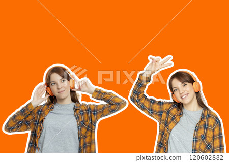 Creative design, girl in headphones, having fun listening to music. 120602882