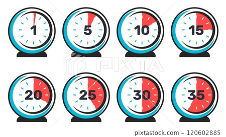 Timer dials. Minute measurement. Analog clock signs. 5 or 10 seconds. Timepieces with 15, 20, 25 and 30 segments. Red time scale. Delivery service icons. Vector chronometer faces set Timer dials. Minute measurement. Analog clock signs. 5 or 10 seconds. Timepieces with 15, 20, 25 and 30 segments. Red time scale. Delivery service icons. Vector chronometer faces set 120602885