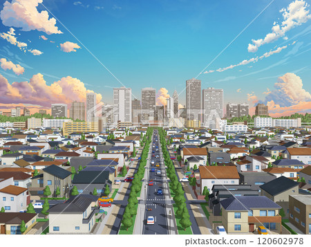 City, house, residential, town, illustration, CG, BG, streetscape, background 120602978