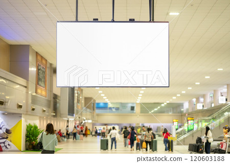 Blank advertising billboard at airport,mockup poster media template ads display	 120603188