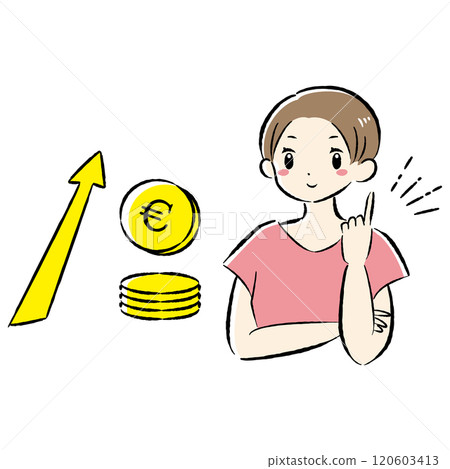 增加金錢(歐元)和微笑的女人的圖像的插圖 增加金錢(歐元)和微笑的女人的圖像的插圖 120603413