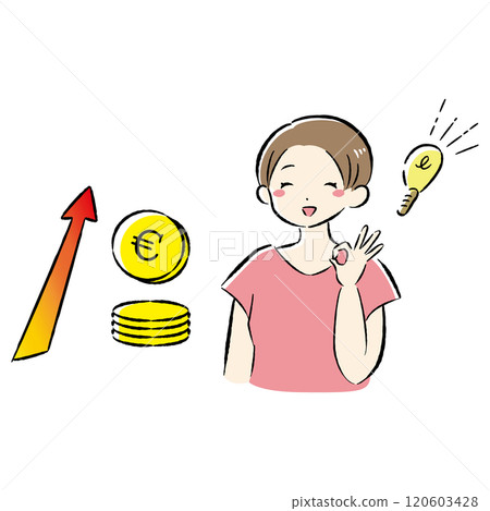 增加金錢(歐元)和微笑的女人的圖像的插圖 增加金錢(歐元)和微笑的女人的圖像的插圖 120603428