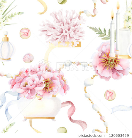 Womens Day watercolor floral seamless pattern with pastel pink peony flowers, leaves and buds on white. Romantic garden roses repeat background for spring wedding design, Women's Day greeting cards. Womens Day watercolor floral seamless pattern with pastel pink peony flowers, leaves and buds on white. Romantic garden roses repeat background for spring wedding design, Women's Day greeting cards. 120603459
