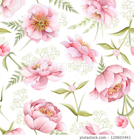 Spring garden flowers in pastel pink and green watercolor seamless pattern for International Womens Day. Peony and roses with leaves and buds floral repeat background on white for wedding and fabrics Spring garden flowers in pastel pink and green watercolor seamless pattern for International Womens Day. Peony and roses with leaves and buds floral repeat background on white for wedding and fabrics 120603461