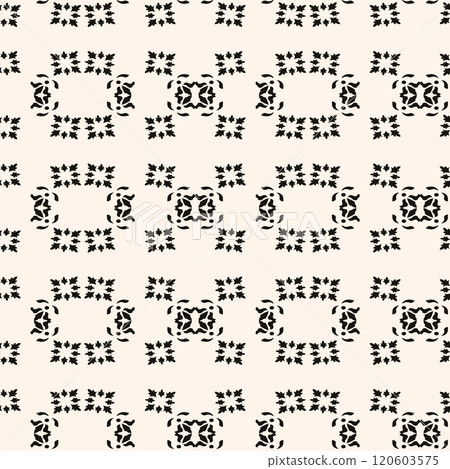 Vector black and white floral seamless pattern. Abstract minimal geometric ornament with flowers in oriental style. Simple monochrome background. 120603575