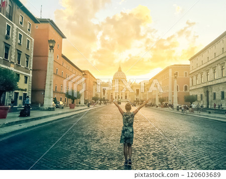 women with hands up in-front of Vatican Basilica sunset background . High quality photo women with hands up in-front of Vatican Basilica sunset background . High quality photo 120603689