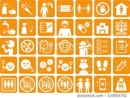 New coronavirus infection prevention and control icons (disinfection, temperature checks, masks, new lifestyles, etc.) 120603702