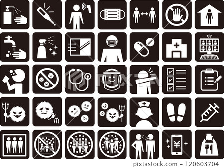 New coronavirus infection prevention and control icons (disinfection, temperature checks, masks, new lifestyles, etc.) New coronavirus infection prevention and control icons (disinfection, temperature checks, masks, new lifestyles, etc.) 120603704