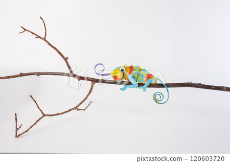 Chameleon crafted from recycled cardboard and paper perched on a branch with a curled purple tongue. Studio photography of handmade animal figure. Eco-friendly craft 120603720