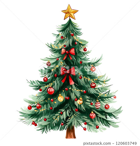 A beautifully decorated Christmas tree adorned with a star on top 120603749