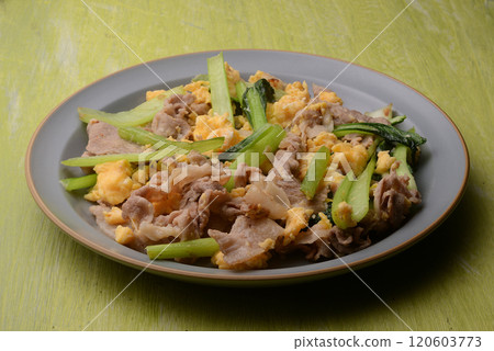 Stir-fried Chinese-style egg with pork and Japanese mustard spinach 120603773