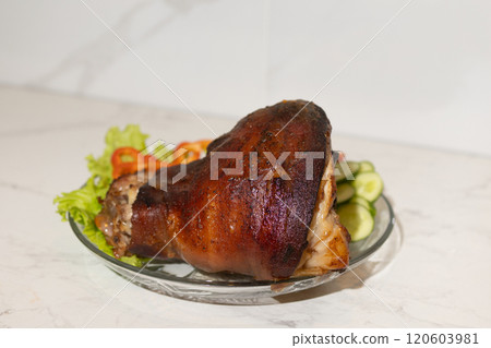 A Beautifully Deliciously Cooked Meat Dish Accompanied by an Array of Fresh Vegetables Presentation A Beautifully Deliciously Cooked Meat Dish Accompanied by an Array of Fresh Vegetables Presentation 120603981