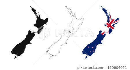 New Zealand map set on white background. New Zealand Map with Flag, black map and outline map. 120604051