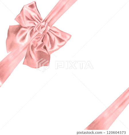 Pink gift bow ribbon. Hand drawn watercolor illustration of gift bow tie on white isolated background. Decorative satin ribbon element for Christmas present, holiday decoration, birthday celebration. Pink gift bow ribbon. Hand drawn watercolor illustration of gift bow tie on white isolated background. Decorative satin ribbon element for Christmas present, holiday decoration, birthday celebration. 120604373