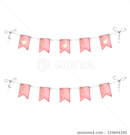 Hanging garland with rectangle flags in pink pastel color. Hand drawn watercolor illustration of pennant for baby party design on isolated background. Bunting for banner, celebration or party design. Hanging garland with rectangle flags in pink pastel color. Hand drawn watercolor illustration of pennant for baby party design on isolated background. Bunting for banner, celebration or party design. 120604380