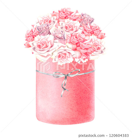 Pink gift box with roses. Hand drawn watercolor illustration of flower bouquet on isolated background. Valentines day aesthetic nature concept. 8 March card idea. Present for Birthday or Anniversary. Pink gift box with roses. Hand drawn watercolor illustration of flower bouquet on isolated background. Valentines day aesthetic nature concept. 8 March card idea. Present for Birthday or Anniversary. 120604383
