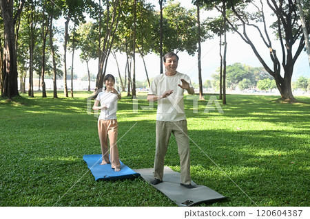 Calm middle aged man and young woman practicing Tai Chi standing in graceful poses in picturesque park Calm middle aged man and young woman practicing Tai Chi standing in graceful poses in picturesque park 120604387