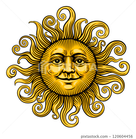 Sun Face Woodcut Vintage Etching Man Illustration 120604456