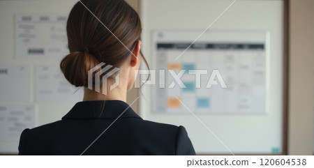 Professional woman analyzing project timeline on whiteboard, strategic planning in office setting, organizational tasks management, business workflow optimization without visible face Professional woman analyzing project timeline on whiteboard, strategic planning in office setting, organizational tasks management, business workflow optimization without visible face 120604538