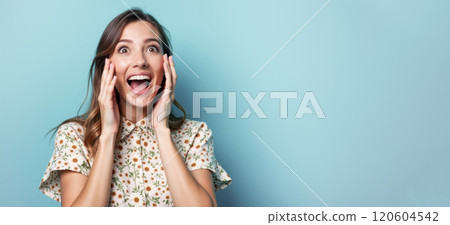 Surprised woman with open mouth, hands pressed to her cheeks, wearing colorful floral dress. light blue background and copy space. Happy and amazed expression, showing excitement and shock 120604542
