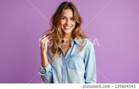 Beautiful young woman with natural makeup smiling confidently, wearing light blue shirt. casual yet stylish look, purple background, conveys beauty, elegance, and relaxed confidence 120604543