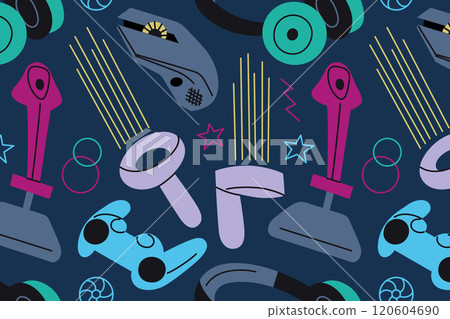 Seamless gaming pattern with colorful controllers, headphones, joysticks, and VR devices on a dark background. Modern vector design for video game and tech themed projects 120604690
