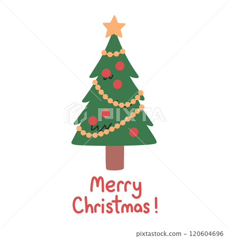 Merry Christmas simple card on white background with hand written text. Christmas tree flat design with christmas balls. Merry Christmas simple card on white background with hand written text. Christmas tree flat design with christmas balls. 120604696