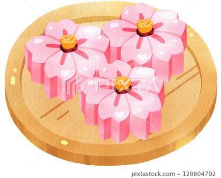 Pink sakura blossom Nerikiri on wood plate, watercolor digital painting hand drawn 120604702