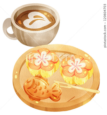 Taiyaki fish with flower Nerikiri on wood tray, watercolor digital painting hand drawn 120604703