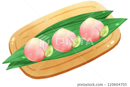 Peach Neiriki on bamboo leaves and wood plate, watercolor digital painting hand drawn 120604705