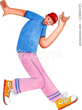 Teenage boy dancing while listening to music, Hand-drawn watercolor painting illustration 120604725