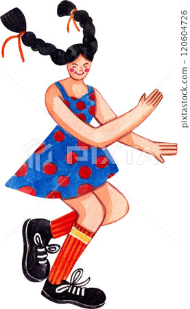 Teenage girl with long braids dancing while listening to music, Hand-drawn watercolor painting illustration Teenage girl with long braids dancing while listening to music, Hand-drawn watercolor painting illustration 120604726