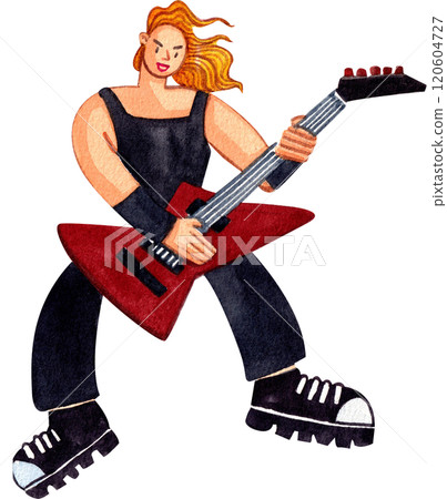 Rock guitarist wearing black, Hand-drawn watercolor painting illustration Rock guitarist wearing black, Hand-drawn watercolor painting illustration 120604727