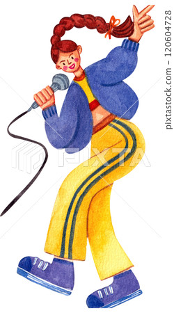 Singer with long braided hair singing, Hand-drawn watercolor painting illustration Singer with long braided hair singing, Hand-drawn watercolor painting illustration 120604728