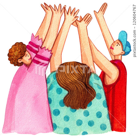 Three young people raising their hands together, Hand-drawn watercolor painting illustration 120604767
