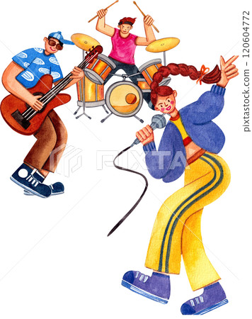 A small band with a singer, guitarist and drummer ,Hand-drawn watercolor painting illustration A small band with a singer, guitarist and drummer ,Hand-drawn watercolor painting illustration 120604772