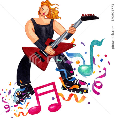 The guitarist is having fun playing music, ribbon party around him,Hand-drawn watercolor painting illustration The guitarist is having fun playing music, ribbon party around him,Hand-drawn watercolor painting illustration 120604773
