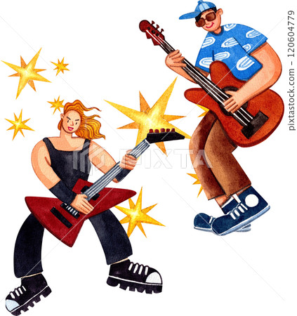 The guitar duo is having fun playing together,Hand-drawn watercolor painting illustration 120604779