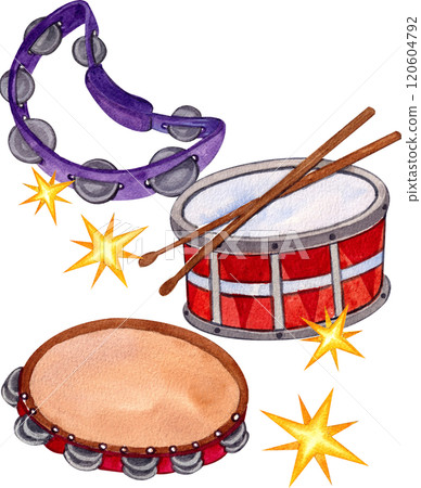 Tambourine and Tenor drumb musician instrument ,Hand-drawn watercolor painting illustration Tambourine and Tenor drumb musician instrument ,Hand-drawn watercolor painting illustration 120604792