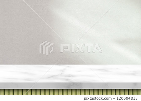 Marble Table in Japandi Style and Canvas Wallpaper Background with Light Beam to the Surface 120604815